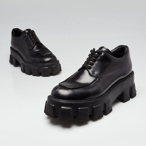 Prada Black Leather Monolith Chunky Sandals Size 7/37.5 - Picture 1 of 5